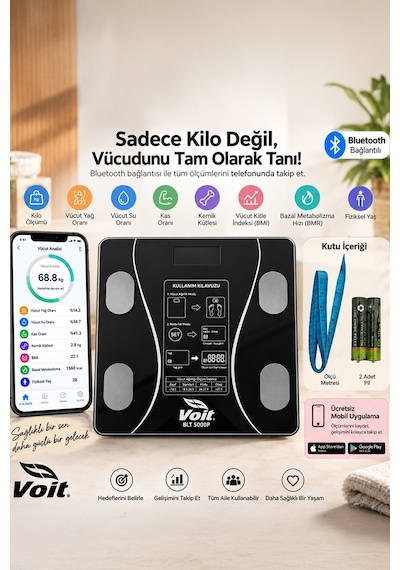 Voit Blt5000 Bluetooth Baskül - Dijital Akıllı Tartı - Yağ Ölçer Tartı - Pil Ve Mezura Hediyeli Tartı - Siyah