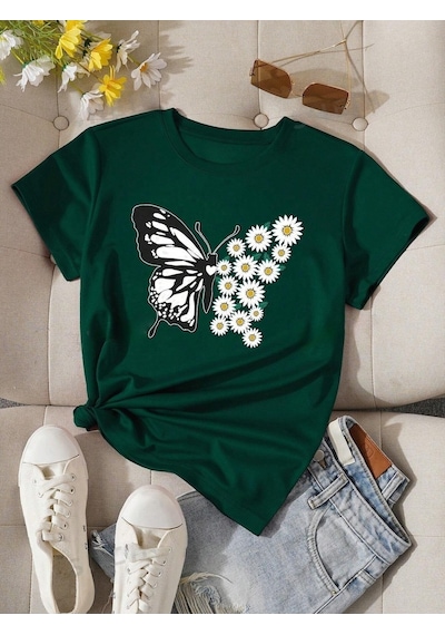 Flood Of Style Kadın Nefti Yeşili Kelebek Papatya Baskılı Oversize Yeşil