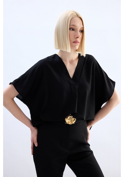 Sateen Geniş Kısa Kollu Bluz - Siyah-136758 Siyah