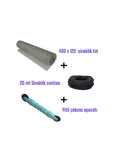 20 Mt Siyah Sineklik Contası + Fitil Çekme Aparatı + 400x120 Cm Sineklik Tülü Tam Set"