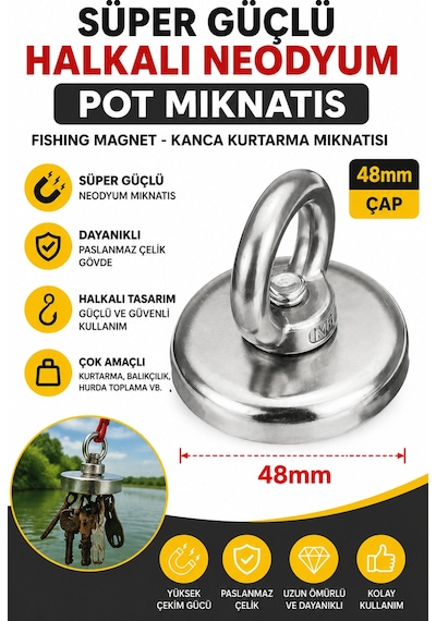 48 Mm Halkalı Neodyum Pot Mıknatıs Süper Güçlü Fishing Magnet Kurtarma Mıknatısı