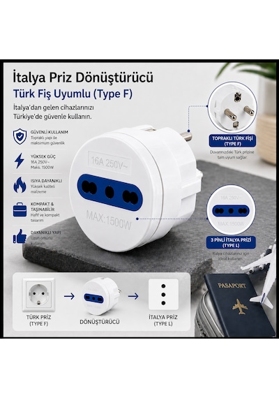 İtalya Dişi (Type L) Türk Erkek (Type F) Priz Dönüştürücü 16A 250V İtalya Uyumlu 3 Pin Adaptör -