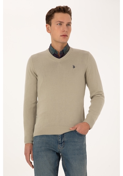U.S. Polo Assn. Erkek Slim Fit V Yaka Haki Melanj Basic Triko Kazak 50313662-VR193