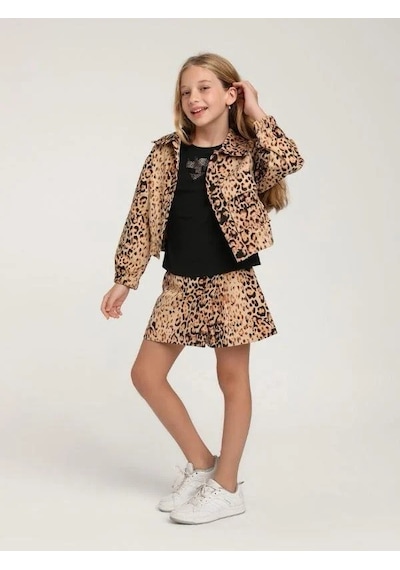 Escabel Kız Çocuk Leopar Desenli Tek Cepli Ceket-15592 Kahverengi