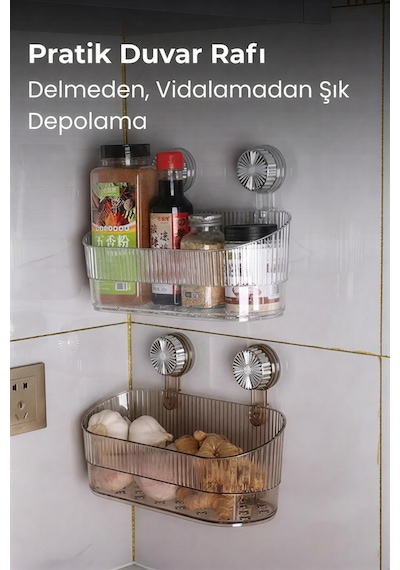 Siyah Vakumlu Şampuanlık & Baharatlık Rafı Delmeden Montajlı Duş Rafı Organizer, Banyo Düzenleyici Şeffaf - Gri