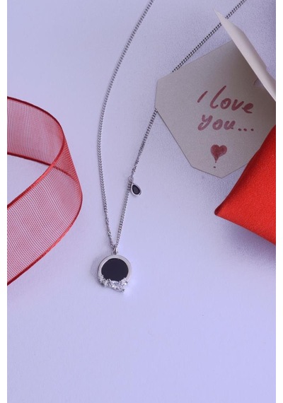 Innuendo Jewelry 925 Ayar Gümüş Damla Taş Detaylı Oval Kolye Gümüş - Siyah