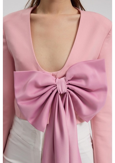 Büyük Fiyonk Detaylı Derin V Yaka Crop Blazer Ceket 6188 Pembe
