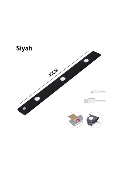 Hareket Sensörlü - Dekoratif Gece Lambası Usb Şarjlı 40 Cm Siyah