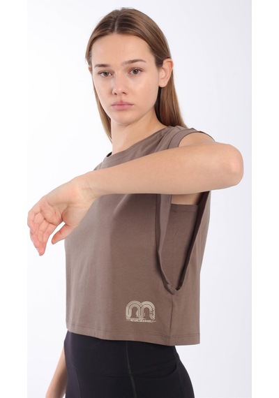 Maraton Regular Kadın Bisiklet Yaka Kakao Crop Top Kahverengi