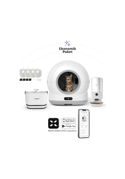 Xenon Smart Akıllı Otomatik Kameralı Kedi Tuvaleti Paslanmaz Çelik Kaseli 5lt Mama Kabı Bataryalı Su Pınarı Ve Filtre 4'lü Pet Seti