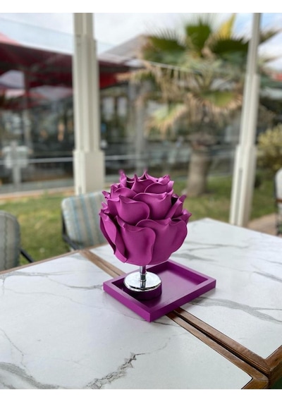 Dekor Yapay Eva Gülkablosuz Masa Lambası Üst Mor-alt Gümüş /tepsi Dahil Set 9v Pil 75-90 Saat
