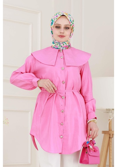Sevitli Beli Bağcık Detaylı Geniş Yaka Tunik-pembe-4993 Pembe
