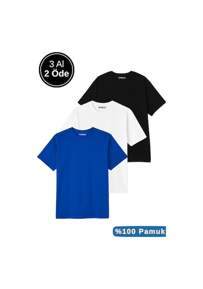 Rich Erkek 3'lü Paket Siyah-kırmızı-mavi Pamuklu Oversize Tişört Bisiklet Yaka Kısa Kollu T-shirt Mavi