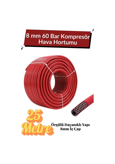25 Metre Kompresör Hava Hortumu 8 Mm Termo Hortum Kırmızı Thermo Hortum Basınca Dayanıklı Hortum