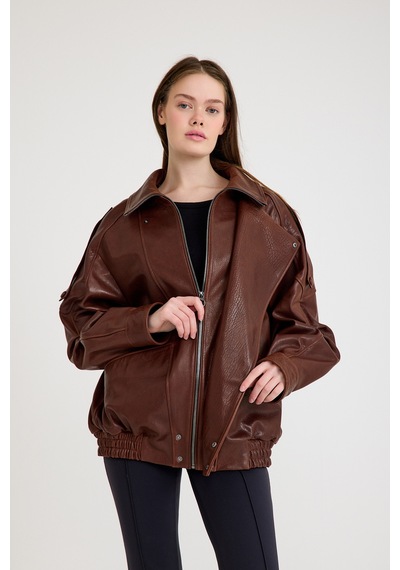 Oversize Bayan Deri Ceket Vb-21-bk-2847-24119 Fındık