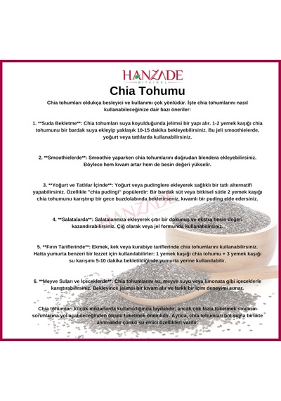 Hanzade Bitkisel Chia Tohumu 1 Kg Çiya Seed Yeni Mahsül Katkısız