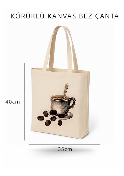 Lunora Collection Kahve Baskılı Körüklü Kanvas Bez Çanta Ham Renk