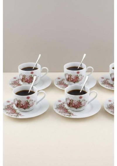 6 Kişilik Porselen Çay Fincanı Kaşıklı Çiçekli 150ml Diğer