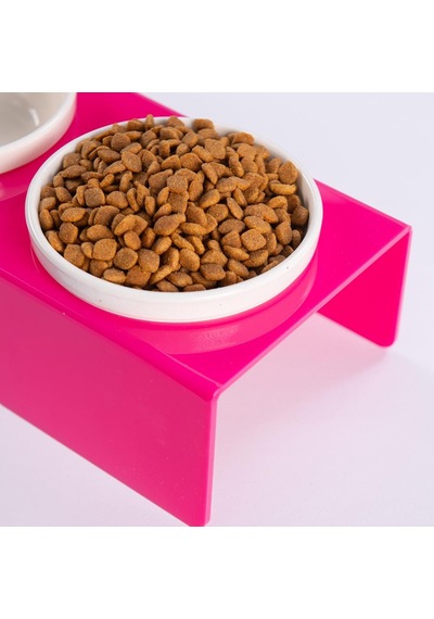 Fuşya İkili Seramik-pleksi Mama Ve Su Kabı-kedi Köpek Mama Su Kabı