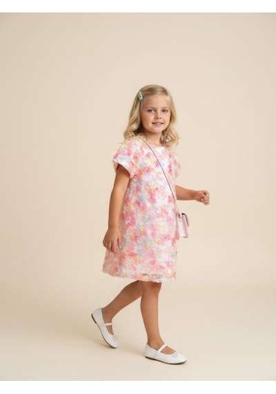 Zekids Kız Çocuk Çiçek İşlemeli Tasarım Elbise-17236 Renkli
