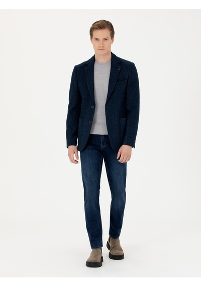 Cacharel Lacivert Slim Fit Yün Karışımlı Flanel Ceket