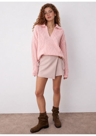 Maison Velora Kadın Pembe Polo Yaka V Yaka Fitilli Oversize Triko Kazak Pudra Pudra