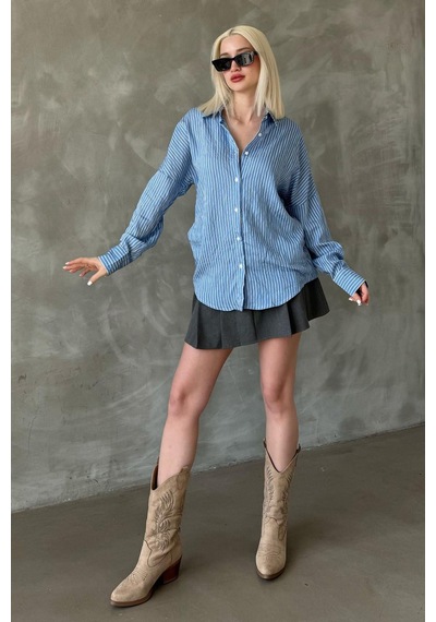 Madmext Mavi Çizgili Oversize Kadın Gömlek Mg2327 Mavi