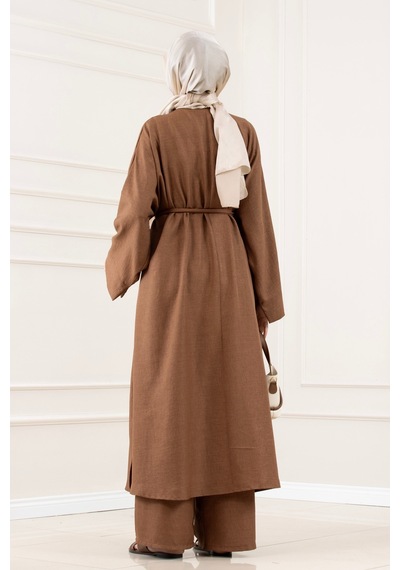 Sevitli Düğmeli Davin Abaya İkili Takım-kahverengi-5978
