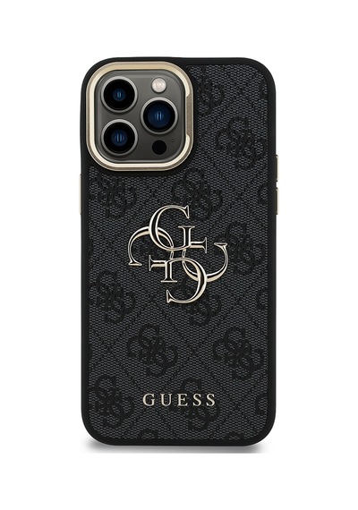 Apple iPhone 13 Pro Max Uyumlu Kılıf Guess Lisanslı Metal 4g Ve Yazı Logolu Kamera Standlı Kapak Siyah