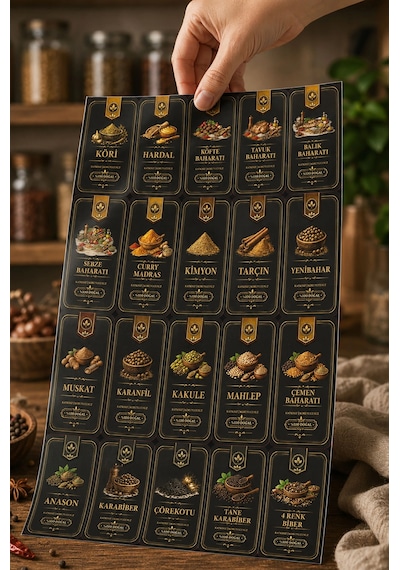 57 Çeşit Premium Baharat Etiketi Seti Suya Dayanıklı Folyo Kavanoz Sticker Siyah