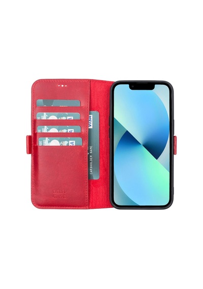 Plm Apple İphone 13 Uyumlu Deri Cüzdanlı Kılıf Nar Çiçeği Acı Kahverengi