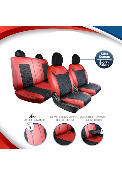Fiat Linea Yarı Deri Oto Koltuk Kılıfı Ön Arka Set Kırmızı Siyah Premium Seri Şhn