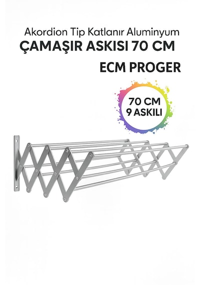 Ecm Proger Akordiyon Katlanabilir Çamaşır Kurutma Askısı - 70 Cm Genişlik 9 Çubuklu Model Açık Gri