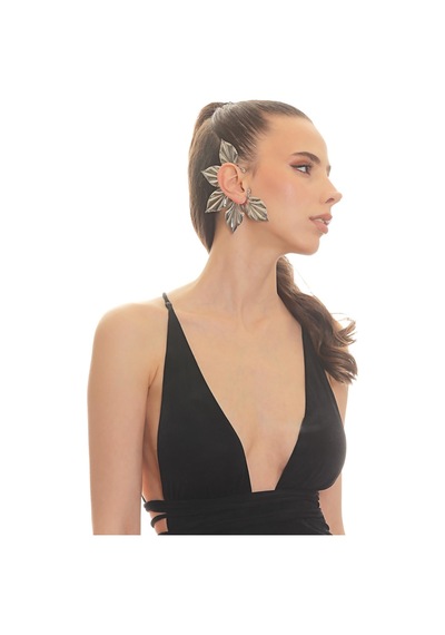 Kadın Gümüş Renk Lak Kaplama Zirkon Taşlı Yaprak Stilizesi Sağ Kulak Earcuff&kıkırdak Küpe Çok Renkli