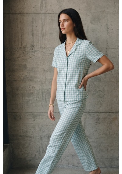 V Yaka Düğmeli Casual Su Yeşili Pijama Takımı
