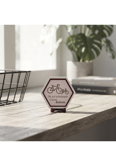 Babaya Özel İlk Yol Arkadaşım Canım Babam Yazılı Bisikletli Modern Masaüstü Dekoratif Obje 10x10 Cm, Yavru Ağzı
