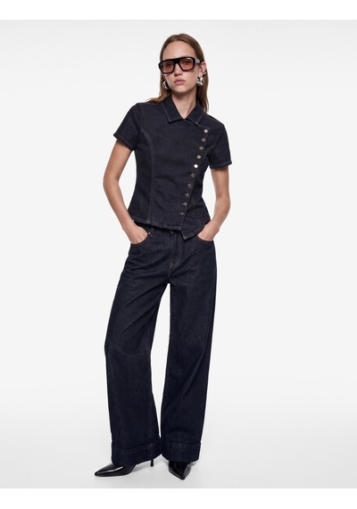 Koton Slim Fit Pamuklu Klasik Yaka Kısa Kollu Asimetrik Kesim Düğmeli Denim Bluz Koyu İndigo 7wal30005md Dark Indigo