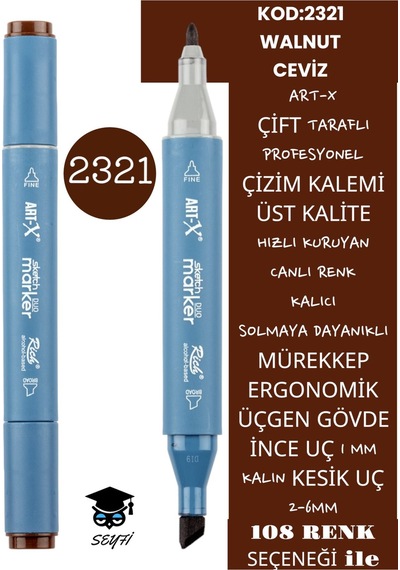 Çift Taraflı Profesyonel Çizim Kalemi Kalıcı Mürekkep Üçgen Gövde İnce Uç 1 Mm Kesik Uç 2-6mm Sketch 2321-ceviz