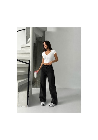 Bluemarlin Siyah Yüksek Bel Likralı Boyfriend Bol Paça Kot Pantolon Siyah