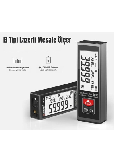 Tr Sw-b40 Geniş Yatay Göstergeli Metal Lazermetre 40 Metre Şarj Edilebilir