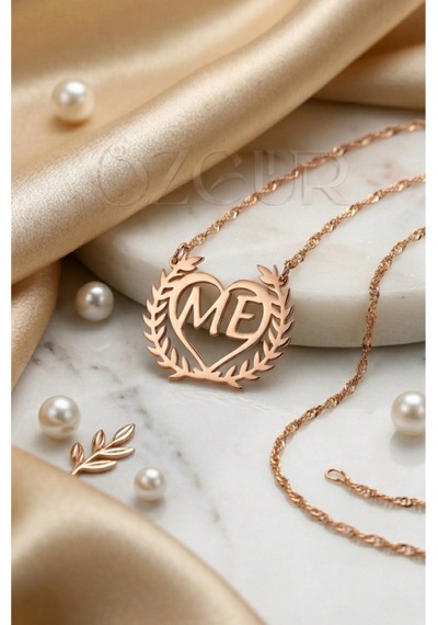 925 Ayar Gümüş Harfli Ve Kalpli Başak Kolye Rose Gold