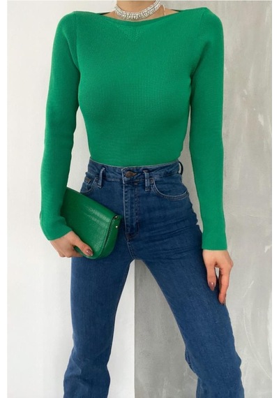 Femelle Kadın Yeşil Standart Beden Basic Yaka Detaylı Fitilli Örme Bluz