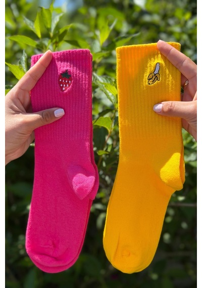 Lousocks Unisex Çilek Ve Muz Nakışlı 2'li Tenis Spor Çorap Çok Renkli