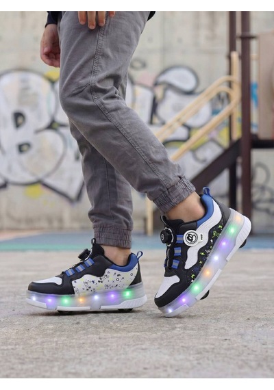 Patenli Işıklı Spor Ayakkabısı & Tekerlekli Sneakers Siyah-sax
