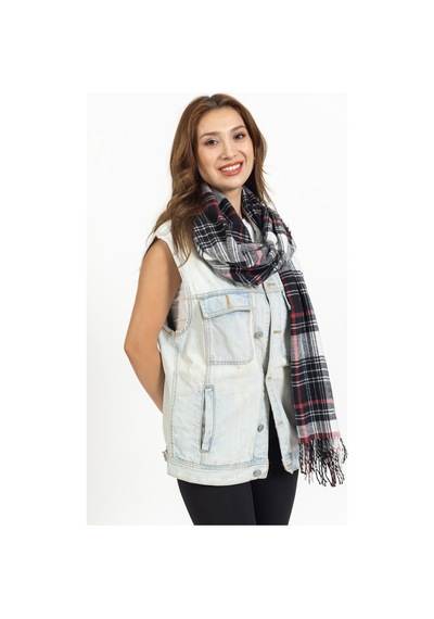 Ladycolor Ekoseli Yünlü Omuz Şalı - 70x200 Cm - Dayanıklı Akrilik Siyah