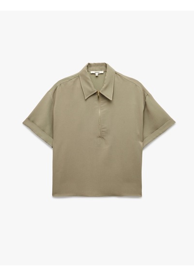 Koton Modal Kumaş Yarım Fermuarlı Kısa Kollu Polo Yaka Oversize Bluz Haki 5sak60254pw Haki
