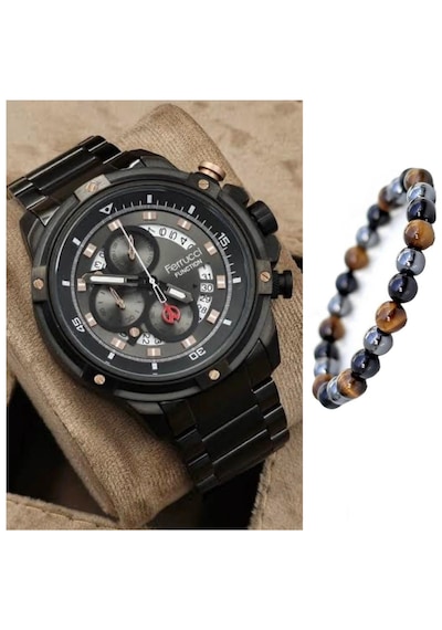 Ferrucci Fonksiyonları Aktif Çoklu Takvimli Spor Model Çelik Erkek Kol Saati+bileklik Hediye Siyah