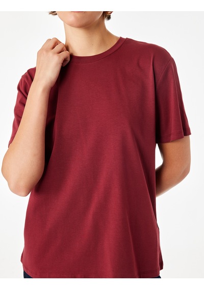Koton Pamuklu Kısa Kollu Bisiklet Yaka Oversize Basic Tişört Bordo 7wak50007ek