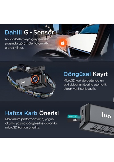 Juo C20 4k 2 Kameralı Uhd Ön + Fhd Arka Wifi Gps Hdr 170 Derece Geniş Açı Gece Görüşlü Ekranlı Araç İçi Kamera