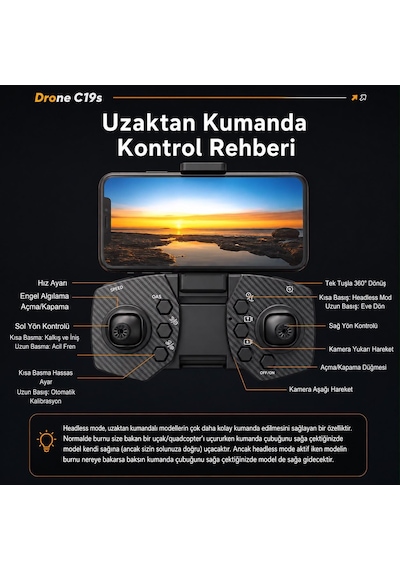 C19s Akıllı Drone Göz Alıcı Led Işıklı Yörünge Uçuş Wifi Cam Telefondan Kontrol Elektirikli Kamera 90 Derece Kamera Ayarı Sabit Uçuş